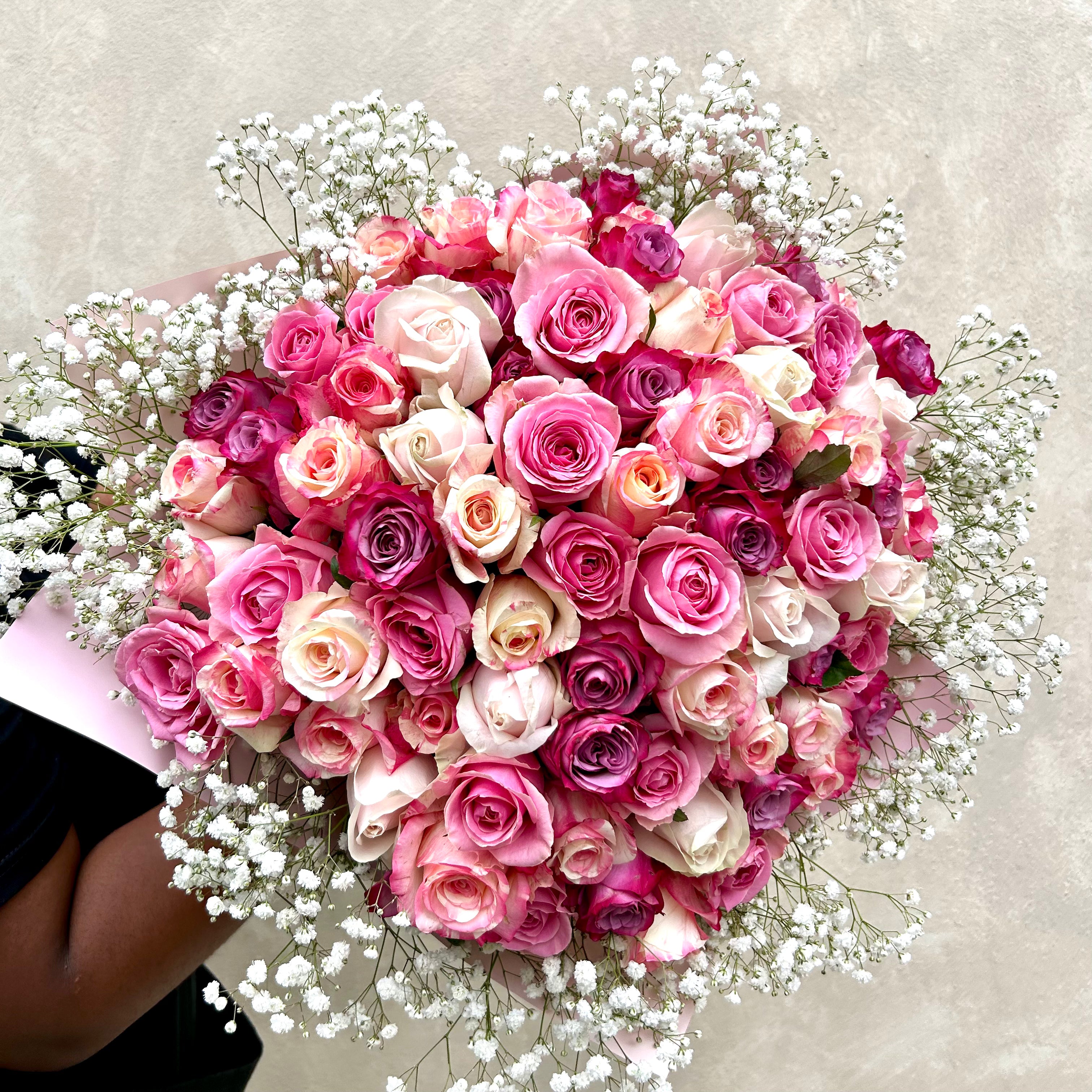 Mixed Pink Roses with White Gyp Bouquet