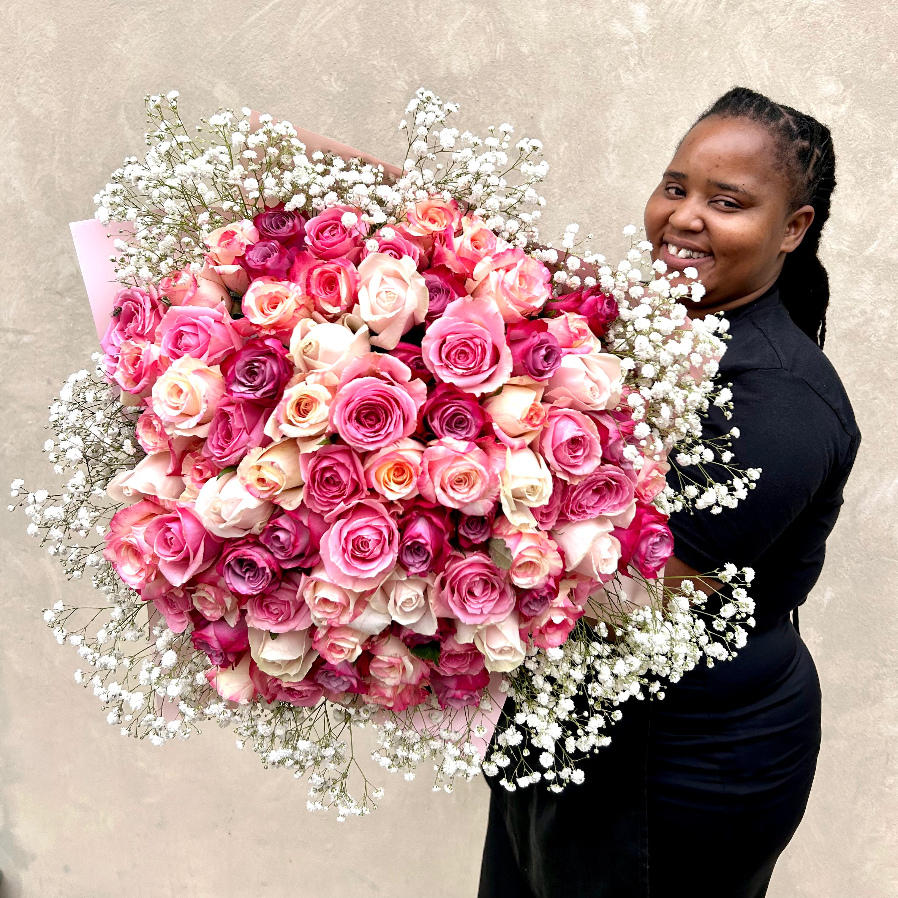 Mixed Pink Roses with White Gyp Bouquet