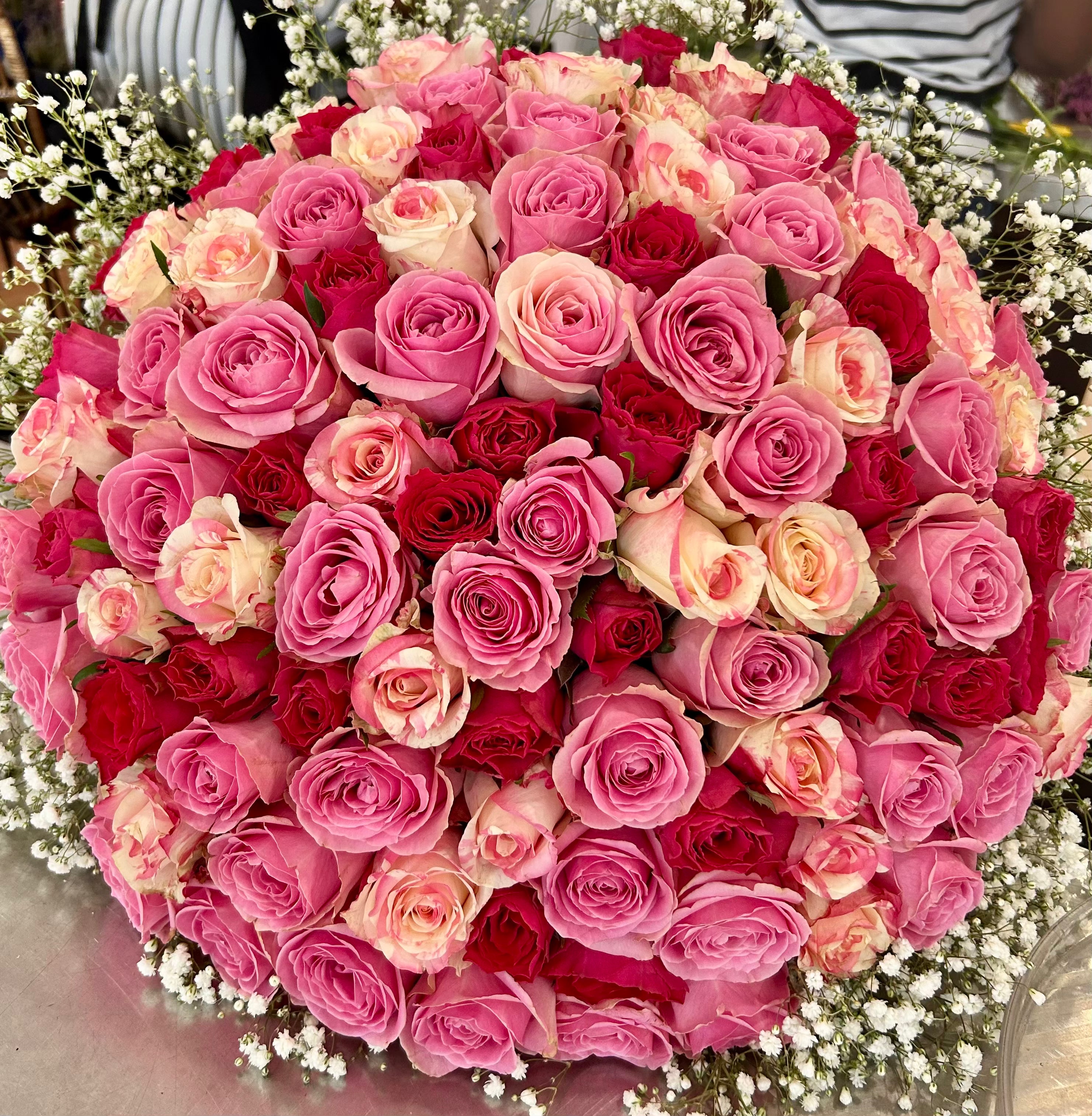 Mixed Pink Roses with White Gyp Bouquet