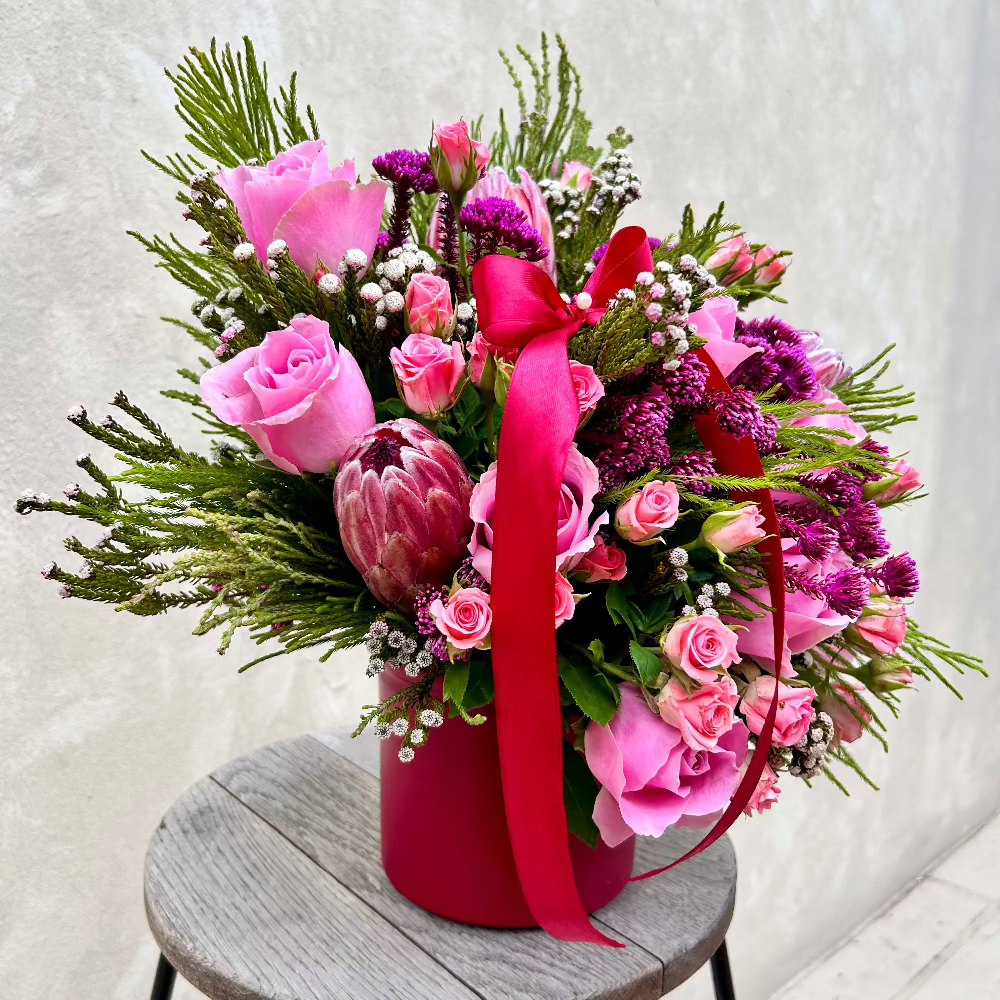 Proteas and Roses in Ceramic Pot