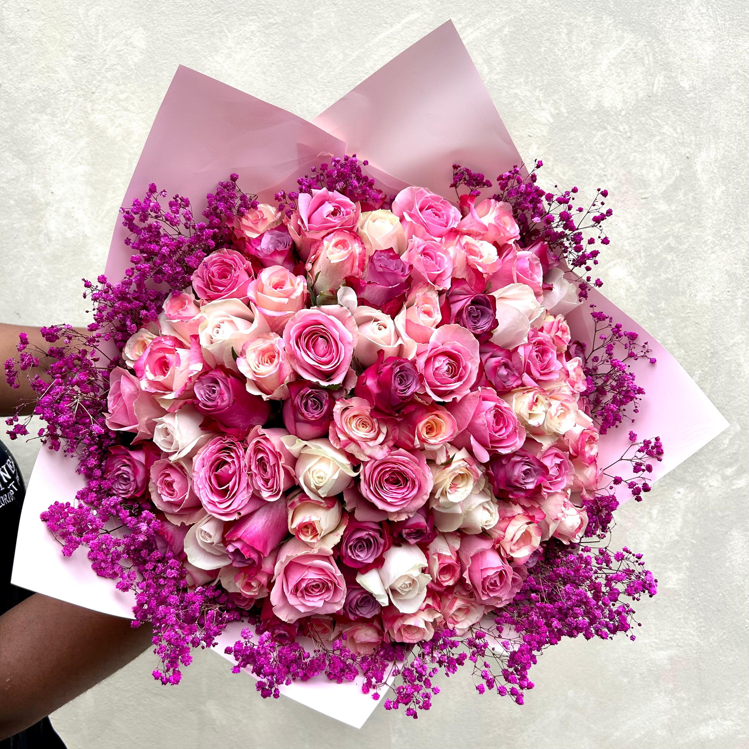 Mixed Pink Roses with Pink Gyp Bouquet