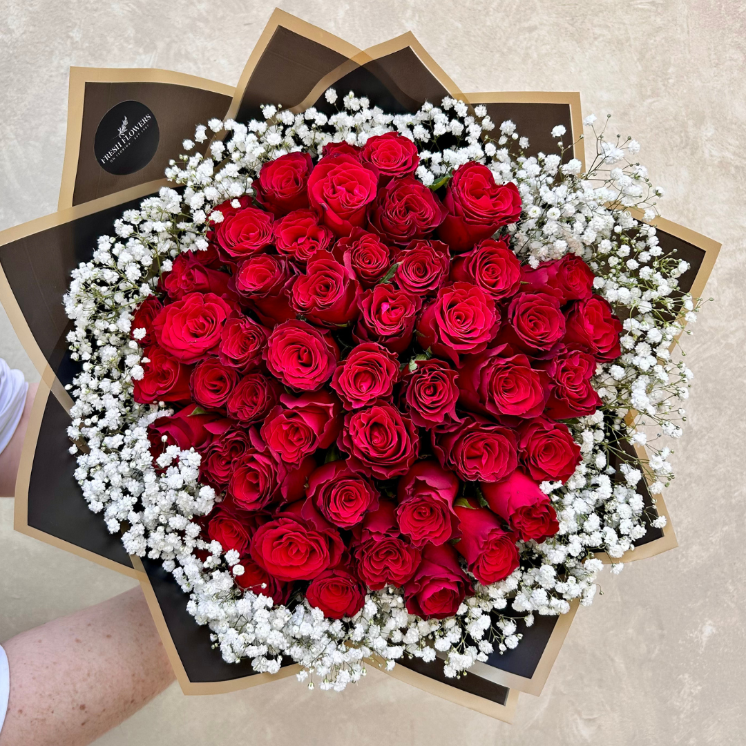 Valentines Speciality Red Roses with Gyp Bouquet