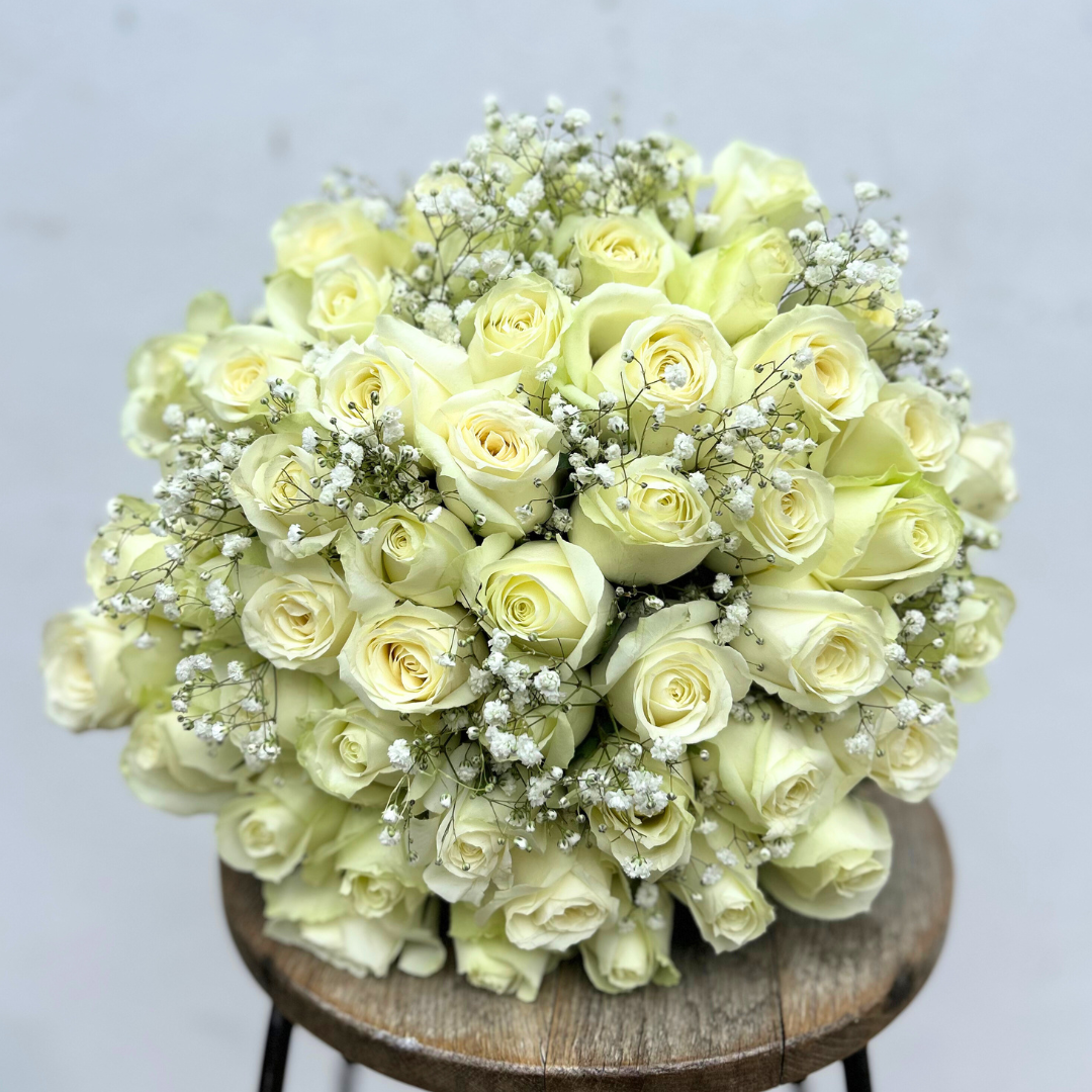 Valentines White Roses with Gyp Bouquet